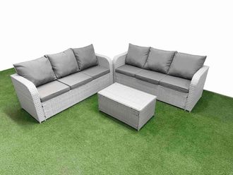 Fimous Outdoor Garden Furniture Sets 6 Seater Wicker Rattan Furniture Sofa Sets with Rectangular Coffee Table high Back Lounge Sofa Light Grey