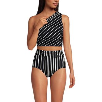 Lands End Ruched One Shoulder Midkini Swimsuit Top in Black/egret Variegated Stripe at Nordstrom, Size 18