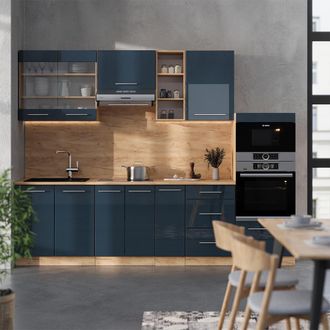 Vicco Mueble De Cocina Fame-line, Azul Oscuro Alto Brillo/roble Dorado, 280 Cm Sin Encimera