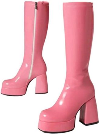 Generic Womens Knee High Patent Leather Boots Square Toe Thick Heel Side Zipper Long Boot