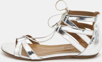 Aquazzura Silver Leather Strappy Flat Sandals