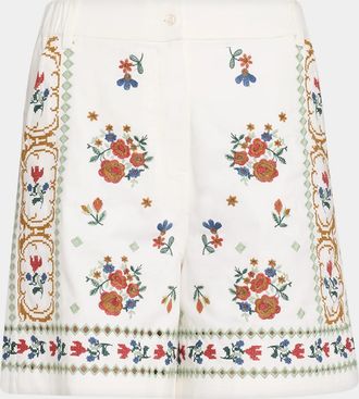 Max Mara Wide-Leg Embroidered Cotton Twill Shorts