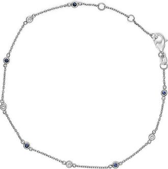House of Brilliance 14K White Gold Alternating Blue Sapphire and White Diamond Bezel Station Chain Bracelet