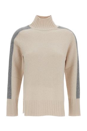 Lorena Antoniazzi Beige Mock Neck Sweater With Contrasting Grey Stripes