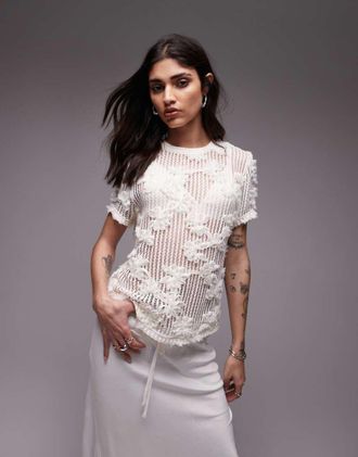 Topshop floral applique boxy tee in ivory-White