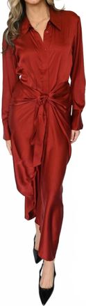 Elan Long Sleeve Tie Front Satin Dress In Rust