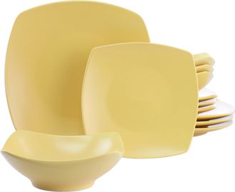 Gibson Home Zen Buffetware 12 Piece Square Fine Ceramic Dinnerware Set in Matte Yellow