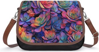 Generic Purple Fantasy Succulent Plants Leather Crossbody Bags for Women Messenger Handbag Purse Shoulder Bag