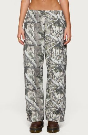 Edikted Camo Low Rise Straight Leg Sweatpants in Olive at Nordstrom, Size X-Small