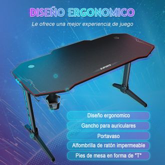Sonni Sonni Mesa Gaming Grande Led 140x60x75cm,escritorio Para Juegos Ordenador Pc, Con Portavasos Ganchos De Auriculares,negro