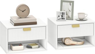 HOMCOM Homcom Juego De 2 Mesitas De Noche Flotantes, Mesillas De Noche Con Caj&oacute;n Con Frente Ondulado Y Estante Abierto, Dise&ntilde;o Moderno, 40x30x25 Cm, Blanco
