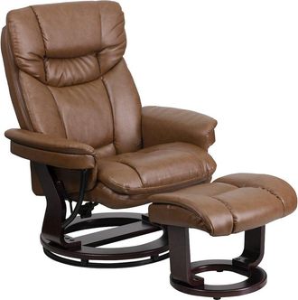Flash Furniture Recliner and Ottoman with Swivel Mahogany Wood Base in Palimino LeatherSoft