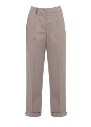 PESERICO Brown Cotton Embellished Straight-Leg Pants