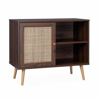 Sweeek Aparador estilo escandinavo con 1 puerta de ca&ntilde;a, 80cm, madera oscura