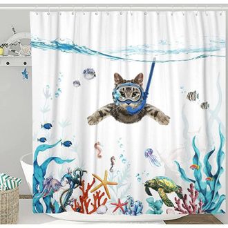 OEM Cortina De Ducha Crezuo De 180 X 180 Cm, Estampado De Gato Marino, Impermeable, Lavable, Antideslizante, De Secado R&aacute;pido, De Poli&eacute;ster, Accesorio De 