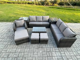 Fimous 10 Seater Rattan Lounge Sofa Set Outdoor Garden Furniture Set with Rectangular Coffee Table 3 Seater Sofa 3 Footstools 2 Side Tables