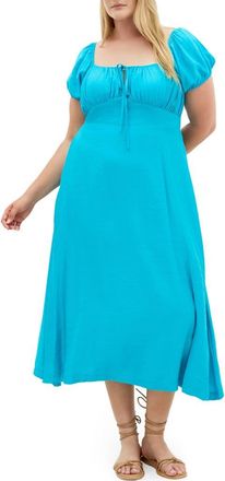 City Chic Abbigail Midi Peasant Dress in Azure at Nordstrom, Size Xxxs
