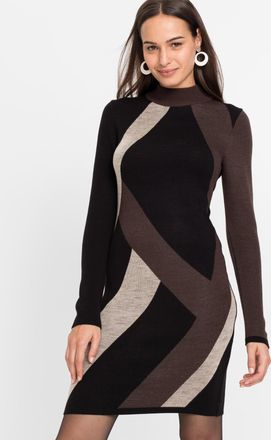 Bonprix Strickkleid BONPRIX, Damen, Gr. 52/54 (XXL), N-Gr, schwarz (schwarz, braun graphisch), Obermaterial: 100% Polyacryl, eng, Kleider Strickkleid, aus Pol