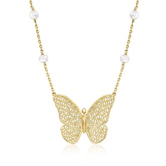 Ross-Simons 14kt Yellow Gold-Plated Filigree Butterfly Necklace With 5.5-6mm Cultured Pearls