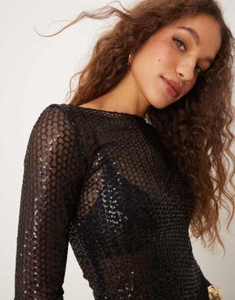 Gina Tricot Gina Tricot sequin sheer long sleeve top with boat neck in black