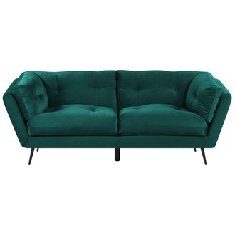 Beliani Sof&aacute; 3 Plazas Tapizado En Terciopelo Verde Oscuro 210 X 90 Cm Patas De Metal Cojines Adicionales Retro Lenvik