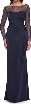 La Femme Bateau Neck Drape Satin Dress In Navy