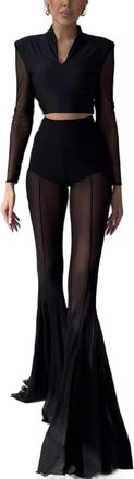 Generic Elegant Mesh Patchwork Flared Trousers Women Slim Fit See Through Sheer Bell Bottom Pants