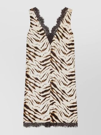 Ganni zebra motif midi dress v neckline sleeveless