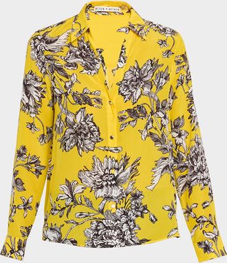 Alice & Olivia Eloise Blooming Wild Golden Button-Front Silk Blouse