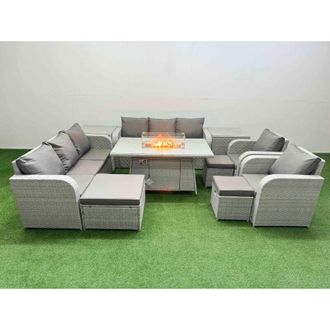 Fimous Pe Rattan High Back Lounge Sofa Set Patio Firepit Dining Table & Chairs Set with 3 Seater Sofa Reclining Chair 3 Stools Side Table Light Grey - Fimous