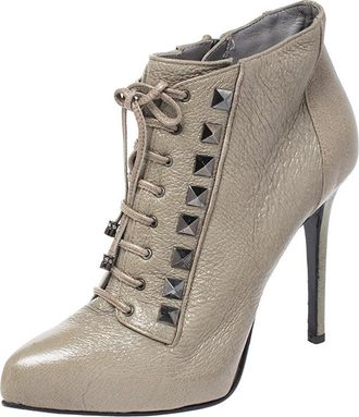 Le Silla Olive Green Leather Studded Pointed Toe Lace Up Ankle Booties