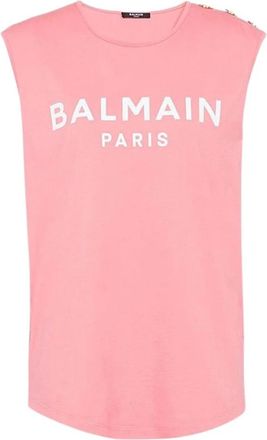 Balmain Zalm en wit katoenen T-shirt - Dames - Tops zonder mouwen - Roze - L - Katoen - Tops