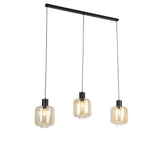 QAZQA Qazqa Dise&ntilde;o L&aacute;mpara Colgante De Dise&ntilde;o Negra Con Cristal &Aacute;mbar 3 Luces 161,5 Cm - Qara Aluminio /vidrio /acero Alargada Adecuado Para Led Max. 3 X 60