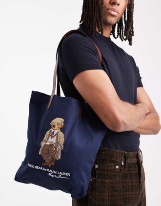 Polo Ralph Lauren Maxi borsa in tela e pelle blu navy con heritage bear