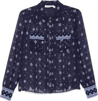 Self Portrait Geprinte Chiffon Blouse - Dames - Overhemden - Blauw - M - Chiffon - Overhemden