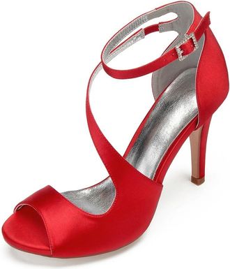 Generic Bridal Heels Women Open Toe Satin Heeled Sandals Wedding Sexy Stiletto High Heels for Party, Prom, Dating 10.5Cm,red,8 UK