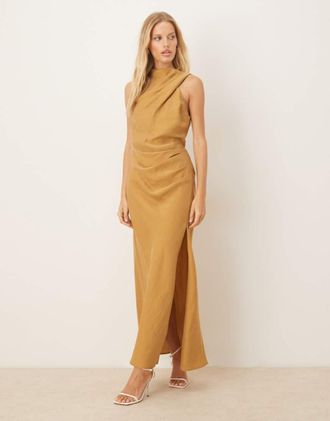Asos Vestito al polpaccio asimmetrico color ocra con spacco-Giallo