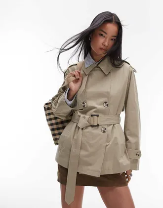 Topshop short trench coat in stone-Neutral