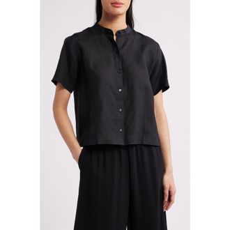 Eileen Fisher Short Sleeve Organic Linen Button-Up Shirt in Black at Nordstrom Rack, Size Xx-Small