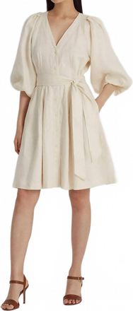 Ralph Lauren Belted Linen Bubble-Sleeve Shirtdress In White
