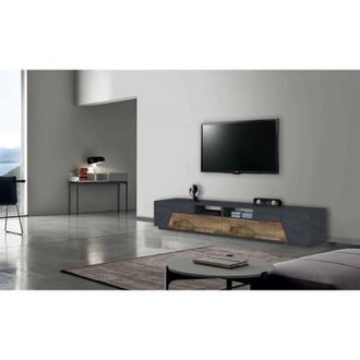 Dmora Mobile da soggiorno Porta tv, Made in Italy, Supporto per tv da salotto a 4 ante geometriche e 2 cassetti, Cm 260x43h46, Bianco lucido e Acero, con