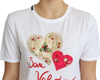 Dolce & Gabbana Womens White San Valentino Heart Crystals T-Shirt Top Cotton