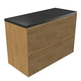 Saniclass Holz Atelier Badkamermeubelset - 100x45x63cm - Noche basalten wastafelblad gepolijst (zwart) - 1 kraangat - 2 lades - mat eiken natural (hout)