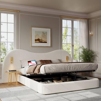 Matteo Modern Double Bed with Hydraulic Storage, USB, Lamp & White Boucl&eacute; | Size: EU Super King