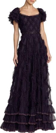 Mac Duggal Mesh Short Sleeve Scoop Neck Ruffle Tiered A Line Dress in Midnight at Nordstrom, Size 14