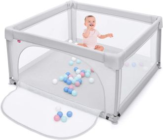Costway Costway - Parque Para Ni&ntilde;os 120 X 120 X 68 Cm Valla De Seguridad Centro Actividad Port&aacute;til Con Cercas De Seguridad, Con 50 Pelotas (gris)