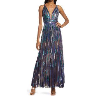 Dress The Population Samira Sequin Embellished Gown in Navy Multi at Nordstrom, Size Xx-Small