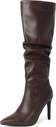 Generic Womens Fashion Slouch Ruched Knee High Boots Pointed Toe Stiletto High Heel Pumps Winter Dress Shoes Pull On Wide Calf (Brown,5.5)