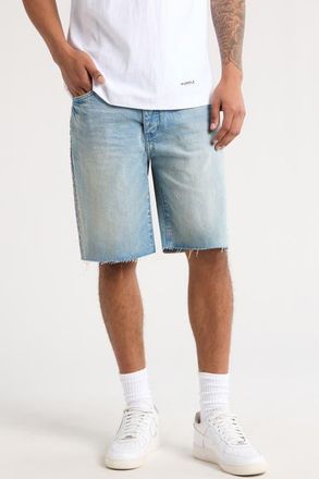 Purple Basalt Rhinestone Emebllished Distressed Raw Hem Denim Shorts in Light Indigo at Nordstrom, Size 30