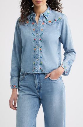 Rails Bari Embroidered Western Chambray Button-Up Shirt in Faded Indigo Floral Embroidery at Nordstrom, Size Xx-Large